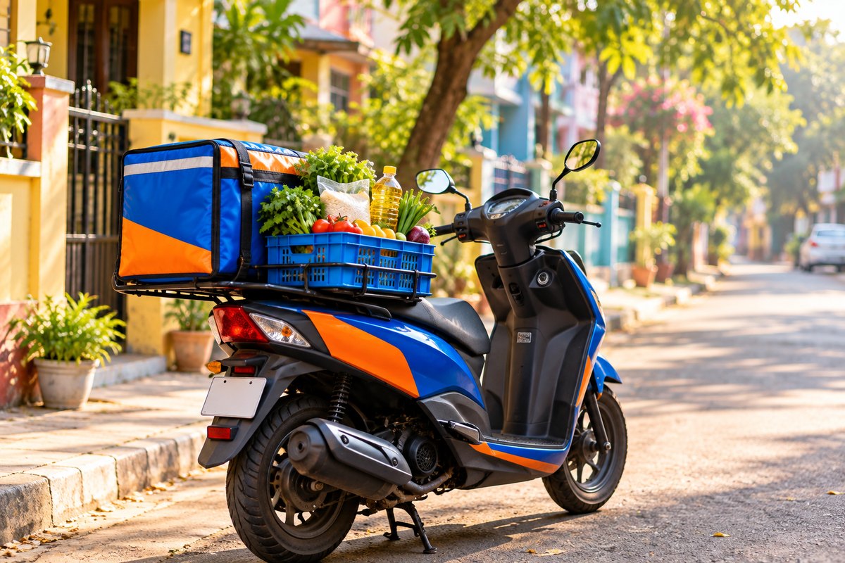 Delivery scooter loaded with groceries on a Chennai street