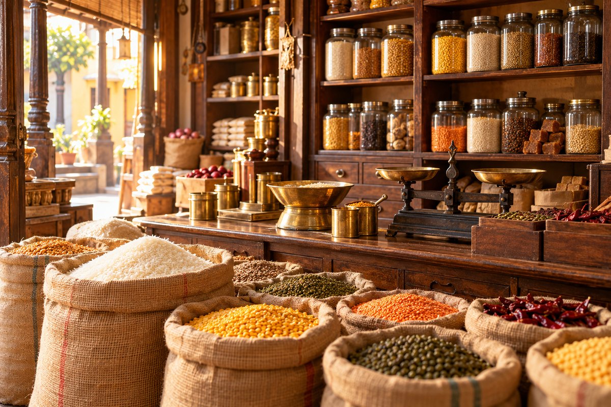 Traditional Madras provision store with sacks of grains and spices