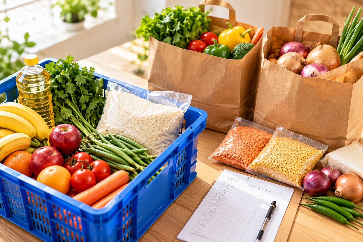 Grocery order being packed with fresh produce